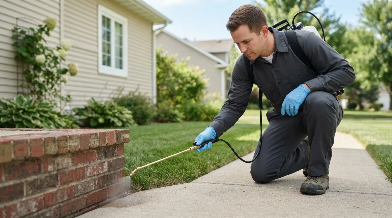 Pest control technician treating a home near Goessel, KS